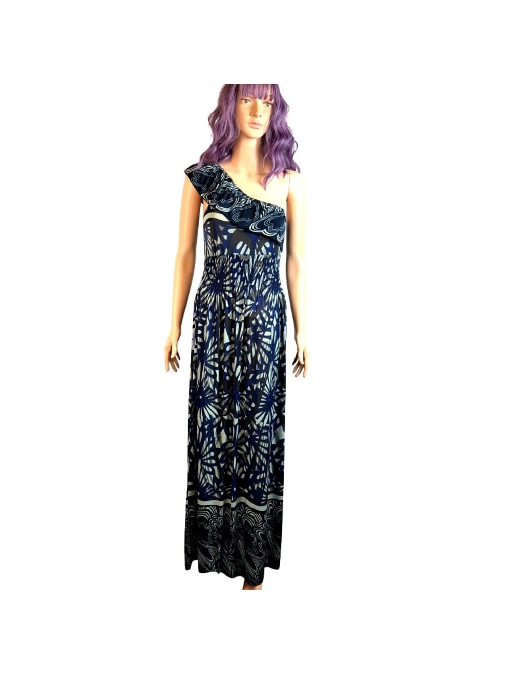 One-Shoulder Maxi Dress In Abstract Blue & White Print By Michael F